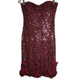 Badgley Mischka Silk Sequin Maroon Red Strapless Dress 3D Floral Hem Size 2